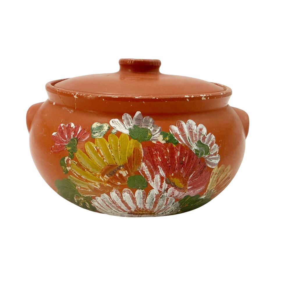 vintage Ransburg orange floral Bean Pot with Lid hand painted #528 ceramic crock